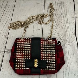 Like Dreams Red Plaid Crossbody Gold Studded Bling Purse Bag